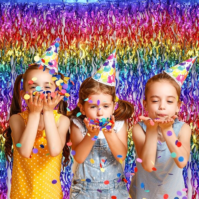 Shiny Rainbow Foil Fringe Curtain Wavy Rainbow Tinsel Streamer Backdrop for Party Decorations Birthday Wedding Graduation Baby Shower 2 Packs