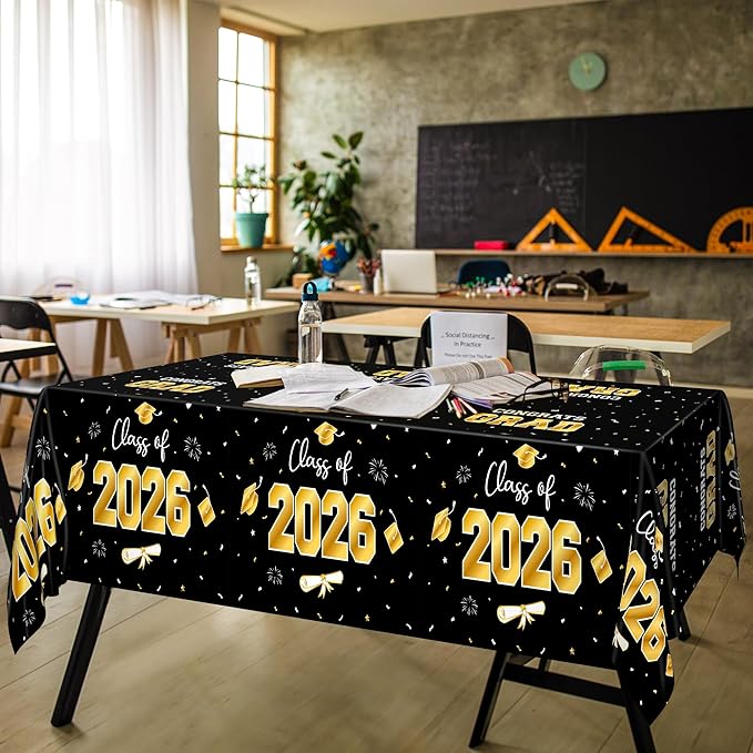 QZYL 4 Pack Graduation Decorations, 54" x 108" Black and Gold Rectangle Graduation Table Cloths, Plastic Tablecloth for College Congrats Grad, Disposable Grad Party Decorations for Class of 2026