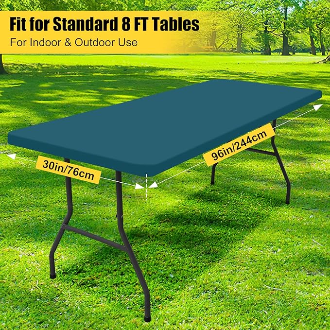 Smiry 2 Pack Rectangle Picnic Table Cloth, Waterproof Elastic Fitted Tablecloths, Washable Polyester Rectangular Patio Table Cover for Camping, Indoor and Outdoor (Peacock Blue, 30"x96")