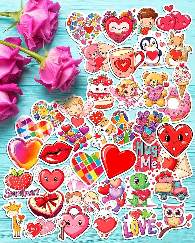 100 PCS Valentines Stickers for Kids, Bulk Heart Stickers for Valentines Day Gifts for Kids Classroom School Exchange, Vinyl Decals, Crafts, Party Favors, Goodie Bags Decorations