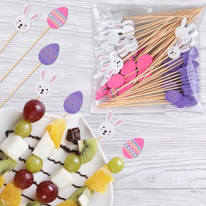 JtmyAota 100 Pack Easter Toothpicks for Appetizers, 4.7 Inch Natural Bamboo Cocktail Picks for Cake Dessert Food Fruit Easter Party Decorations
