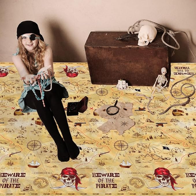 HAKOTI 3Pcs Pirate Tablecloth - Treasure Map Table Cover for Birthday Party Decoration, Navigation and Adventure Supplies - Disposable Beware of the Pirate Theme