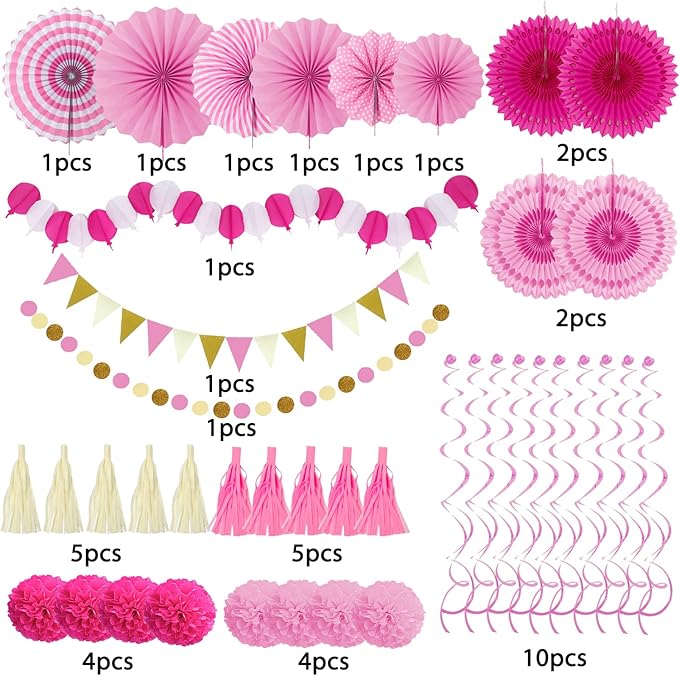 ZERODECO Party Decorations, 41 Pcs Pink Papar Fans Pompoms Garlands String Tissue Paper Tassel for Fiesta Home Bridal Baby Shower Wedding Boy Girl Birthday Party