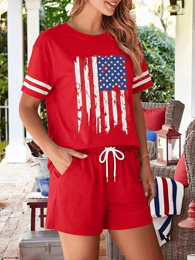VILOVE 4th of July 2 Piece Sequin Outfits Women 250 Anniversary Usa Shirts and Short Sets Casual Patriotic Shirt Summer Set