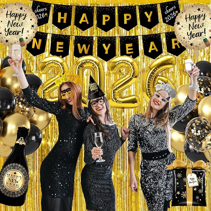 New Years Eve Party Supplies 2026-73 PCS Happy New Years Decorations-Party Favors Includes Hats, Banner, Glasses, Tiaras, Squawkers Blowers, Balloons, Fringe Curtain Accessories Nye Decorations 2026