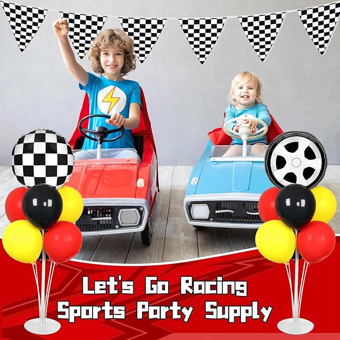 Race Car Party Balloons Stand Kit 2 Sets With 2 Checkered Foil Balloon Racing car Party Balloon Red Black Yellow Race Car Birthday Party Decor Set For Boys Let's go Racing New Year Party Decorations