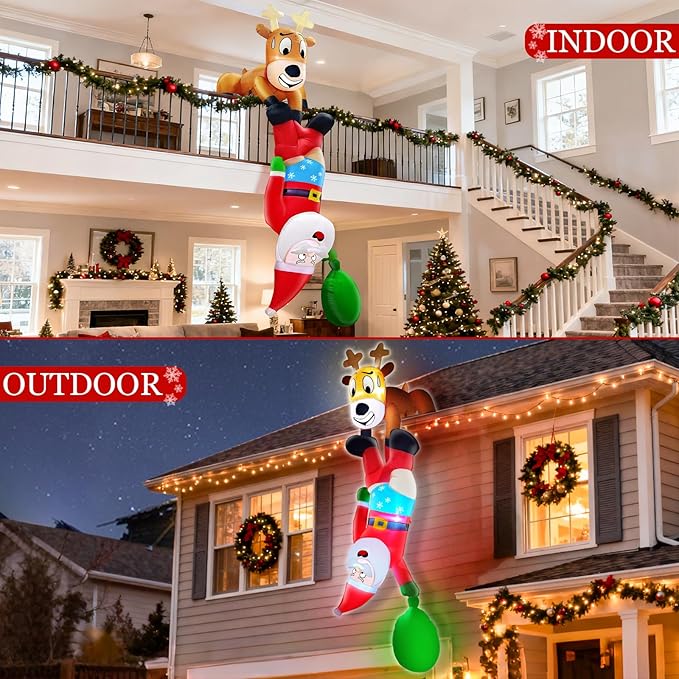 TURNMEON 8 Ft Christmas Inflatable Reindeer & Climbing Santa Claus, Funny Hanging Outdoor Decoration with Built-in LED Light for Yard & Indoor Garden Lawn Party