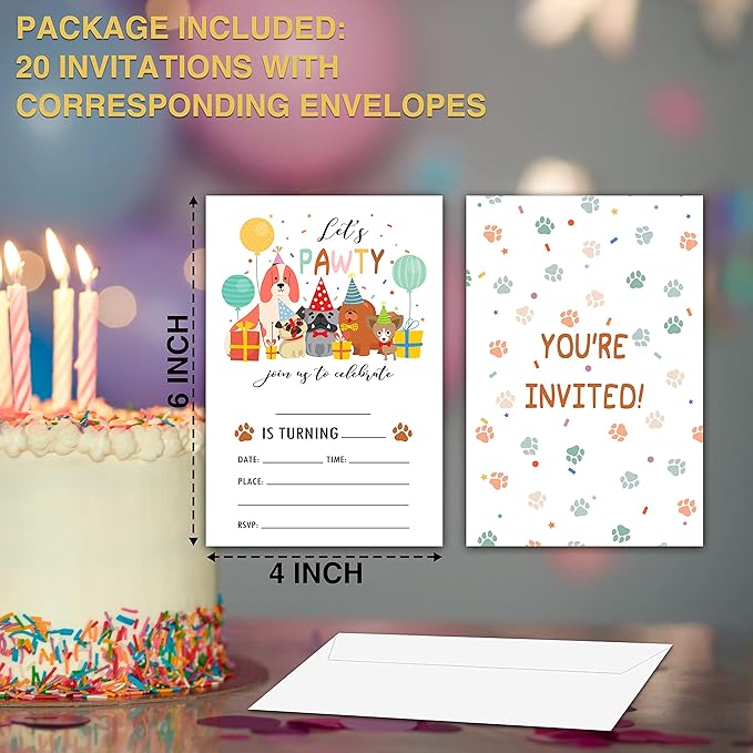 Puppy Dogs Birthday Invitations Cards, 4"x 6" Let's Pawty Theme Birthday Party Invites with Envelopes for Party Decorations Supplies(20 Pieces) -D03
