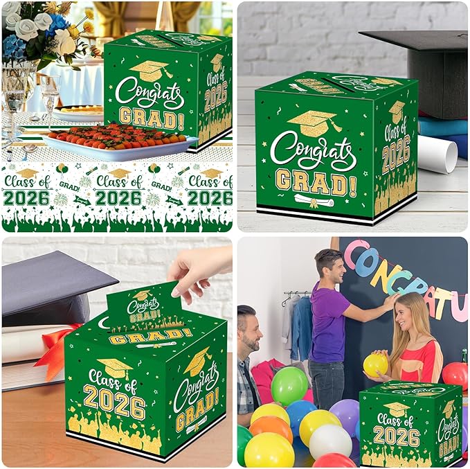 Graduation Card Box 2026 - Congrats Grad Card Boxes Holder, Green and Gold Class of 2026 Graduation Gift Cards Box for Graduation Party Decorations 2026 Favors Decor Supplies Props,9x 9 x 9 inches