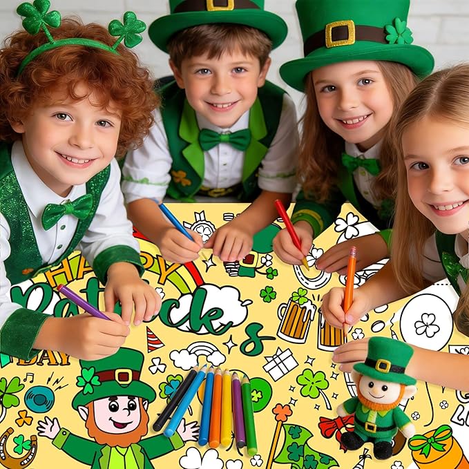 2 PCS St Patricks Day Coloring Tablecloth/Poster, St Patrick Day Decorations, 72" X 30" Paper Coloring Tablecloth for Kids Crafts Activities, DIY St Patricks Party Supplies Gifts for Classroom Family