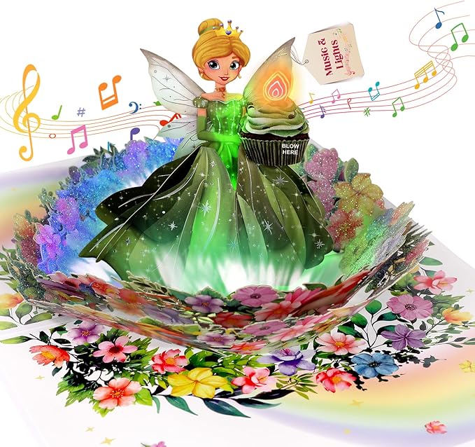 Birthday Card, 3D Pop-Up Birthday Card for Girls, Musical Birthday Card with Colorful Lights, Fairy Birthday Card for Girls, Daughters, and Granddaughters
