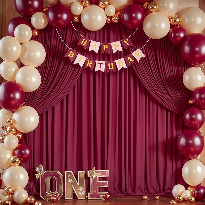 Burgundy Backdrop Curtains - 8 Panel Wrinkle-Free Polyester Photography Drapes for Baby Shower & Birthday Party - 32 X 10FT