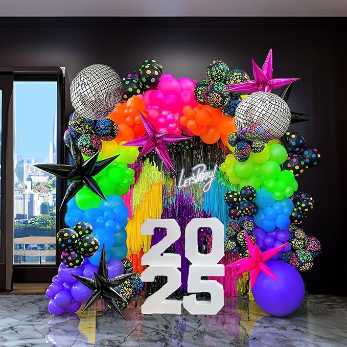 Rainbow balloons hot pink and blue balloon garland arch kit 170+pcs with Neon Luminous Fluorescent Balloons and star mylar balloon for Birthday grad Back to 80s 90s Disco party decorations