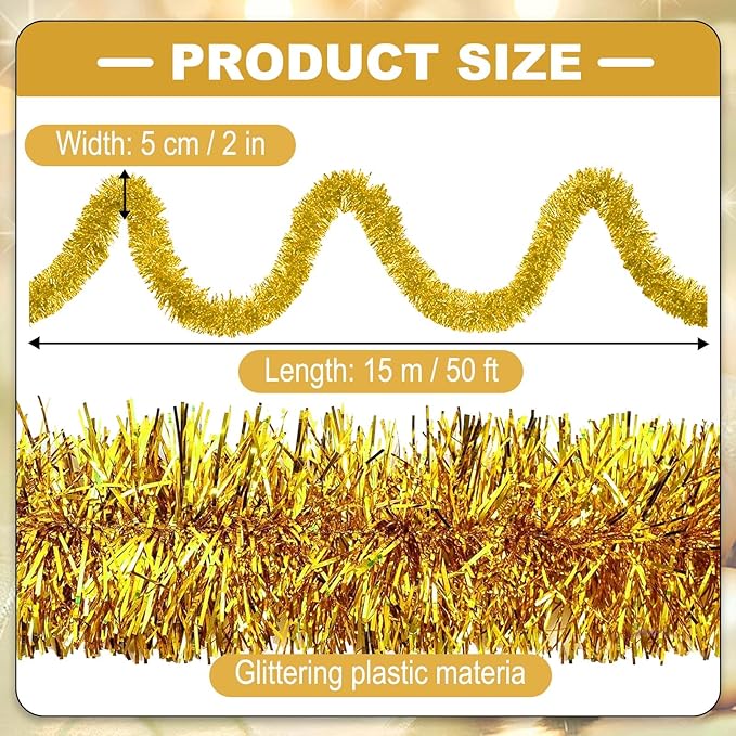 50 Feet Christmas Tinsel Garland, Metallic Twist Garland Wall Hanging Tinsel Garland Backdrop for Parade Floats, Carnival, Birthday, Wedding, New Year Party Decorations (Gold, 2in x 50ft)