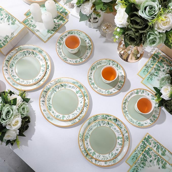 Pickmesh 250 Pcs Sage Party Disposable Tableware Set Paper Plates and Napkins Cups Supplies Tea Party Theme Dinner Dinnerware for Birthday Bridal Baby Shower Wedding Decoration Serves 50