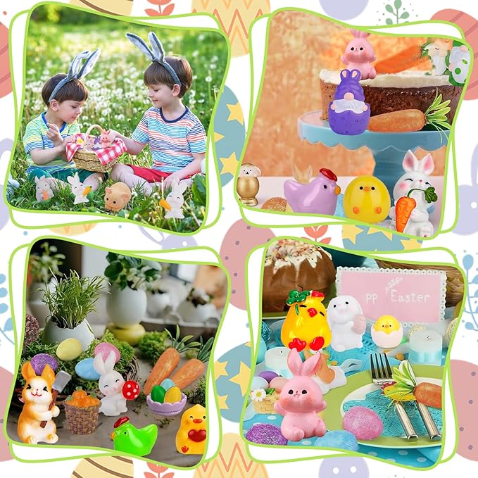 50 Pcs Easter Mini Resin Figurines Miniature Farm Animals Small Bunny Chick Tiny Little Gnome Figurine for Dollhouse Easter Village Egg Fillers Fairy Garden Decor Party Favors