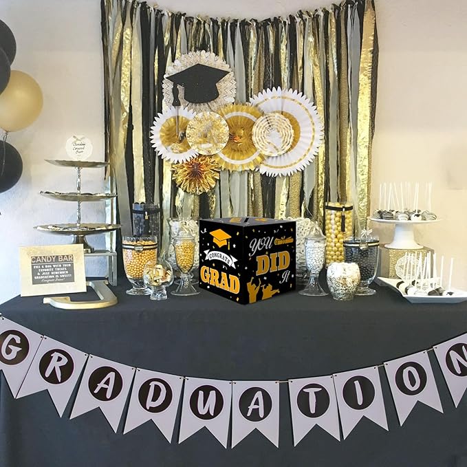Graduation Card Box, 2025 Graduation Party Decorations, Black Gold Graduations Card Holder, Foldable Cardboard Decoration Congrats Grad Card Gift Box Class of 2025 for Graduations Party Favor Supplies