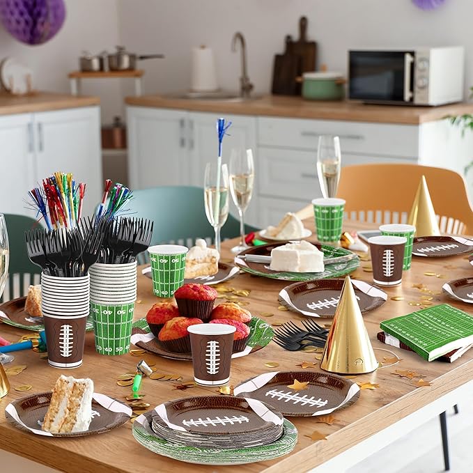 durony 144 Pieces Football Party Supplies Tableware Set Disposable Paper Plates and Napkins Forks Serve 24 Guests Football Table Buffet Decoration for Football Birthday Party Supplies
