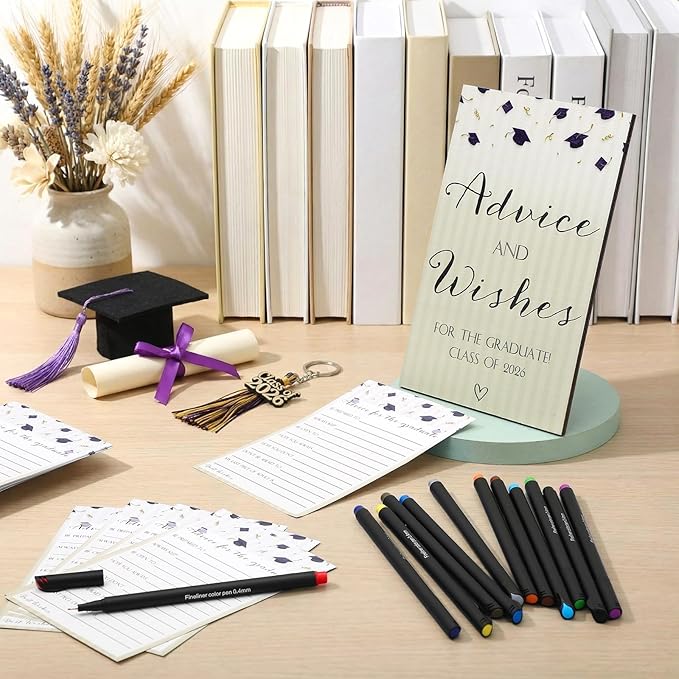 113 Pcs Class of 2026 Graduation Party Favors Include 1 Advice and Wishes Wooden Sign 100 Graduation Advice Cards with 12 Fineliner Ink Pens for The Graduate Class of 2026(Purple)