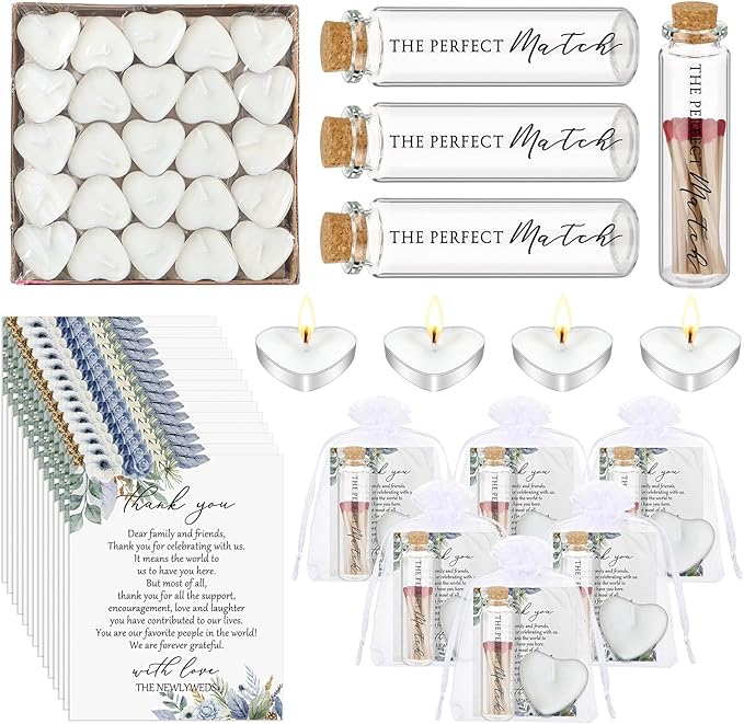 Wovnet 50 Sets Wedding Party Favors for Guests Bulk Including Heart Shaped Candles and Empty Matches Jars with Cork Top Thank You Cards and Organza Bags for Wedding Bridal Shower Party (Blue Flower)