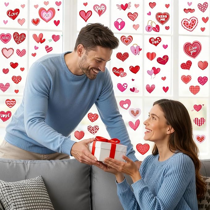 80PCS Valentines Window Clings, 4 Sheets Valentines Home Decor, 13.7 × 9.8 Inches Heart Window Clings Double-Sided Heart Stickers for Classroom, Wedding Romantic Decorations
