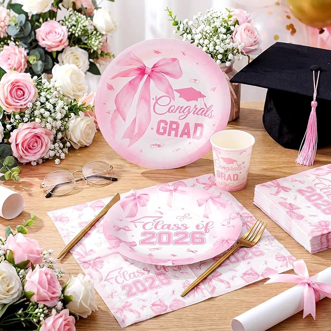 Hsei 250 Pcs Pink Graduation Disposable Plates and Napkins Bow Congrats Grad Disposable Tableware Set for 50 Guests Pink Paper Plates Napkins Cups for Girls Nurses Graduation Party Supplies