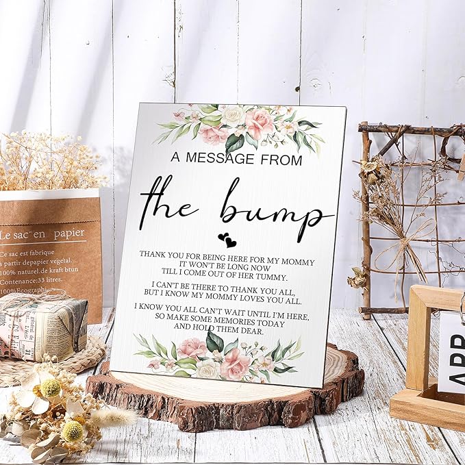 Roowest Cool Baby Shower Tabletop Decoration a Message from the Bump Wooden Baby Shower Games Sign Greenery Cute Gender Reveal Party Thank You Sign, 11.2 x 8.66 Inches(Floral)