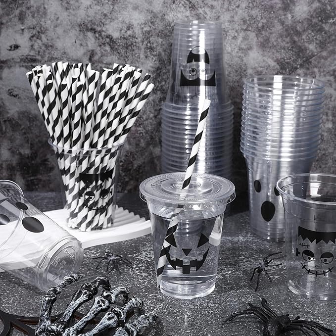 Whaline 60Pcs Halloween Disposable Plastic Cups with Lids and Straws 12oz Vampire Monster Ghost Pumpkin Cold Beverage Drinking Cups for Birthday Party Favors