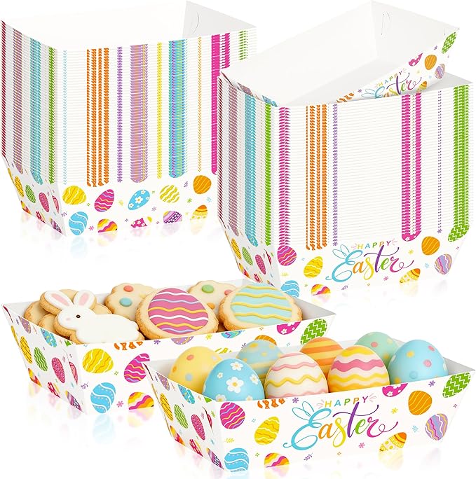 100 Pcs Easter Food Trays, Happy Easter Decor Serving Trays, 2 Style Disposable Paper Spring Decor, Large Multicolor Egg Decoration for Party Table Supplies for Snack Food, 5.94 X 3.34 X 2.16 Inches
