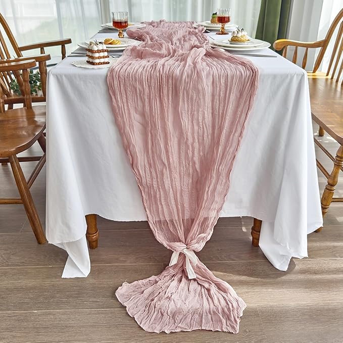 IVAPUPU 2 Pcs Cheesecloth Table Runner - 10ft Dusty Pink Easter Decor Boho Gauze Cheese Cloth Table Runners for Baby Shower Decorations Wedding Party Spring Garden Farmhouse