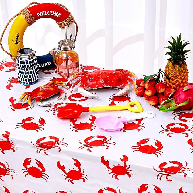 Juexica 2 Pcs 54 x 108 Inch Crab Boil Party Table Cloth Summer Seafood Party Supplies Plastic Crab Tablecover Decorations Rectangular for Sea Animals Dining Kitchen Centerpiece
