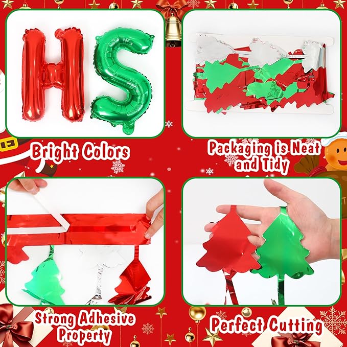 2Pack Christmas Foil Fringe Curtains with Merry Christmas Balloons, 3.3 x 6.6Ft Tree Backdrop Tinsel Photo Booth Props Streamers for New Year Ugly Sweater Xmas Party Decorations Supplies