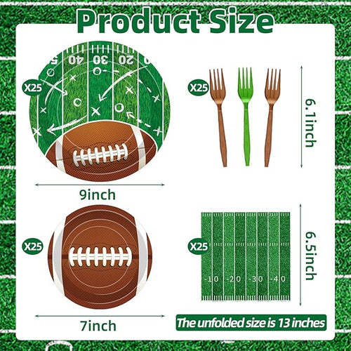 100 Pcs Football Party Supplies Set, Serves 25 – Disposable Football and Field Design Paper Plates, Napkins, and Forks, Game Day Tailgate Themed Tableware for Sports Birthday and Team Decorations