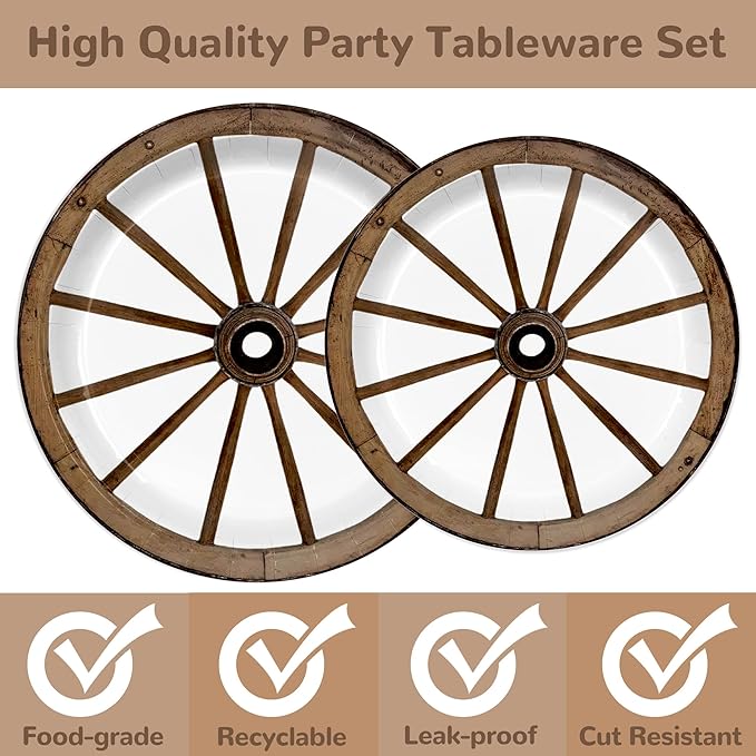 168PCS Wagon Wheel Party Decorations Western Party Supplies Brown Wild West Paper Plates Napkins Cups Knives Forks Straws tablecloths for 24 Guests