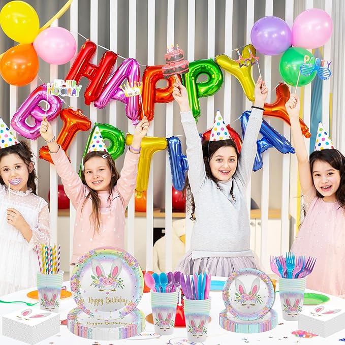 MEHOFOND 192pcs Bunny Birthday Decorations Easter Plates and Napkins set Rainbow Bunny Birthday Party Supplies Spring Easter Plates Bunny Party Dinnerware Tableware