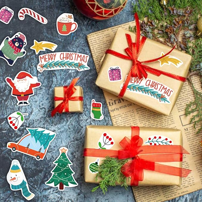 16 Sheets Christmas Theme Stickers, Merry Christmas Stickers Non-Repeating, Xmas Winter Holiday Party Stickers, Christmas Goodie Bag Fillers Christmas Party Favors Decorations