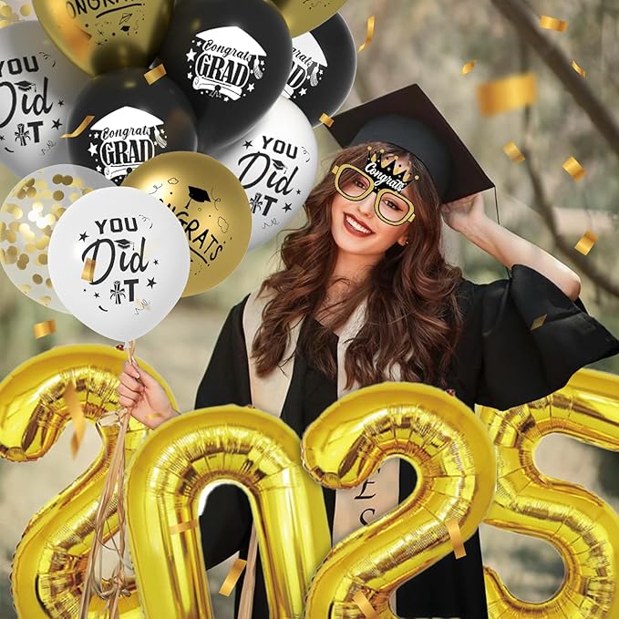 Graduation Party Decorations Black Gold, Graduation Decorations Class of 2025 with Backdrop, Graduations Party Balloons, 2025 Number Balloons, Grad Eyeglasses for Grad Party Supplies 2025