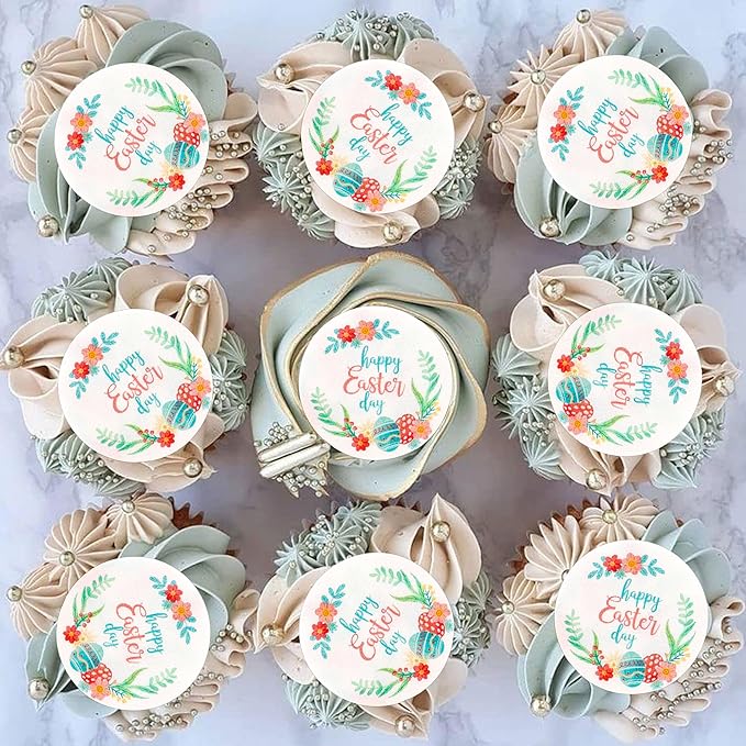 Ercadio 40Pcs Edible Circle Happy Easter Day Cupcake Drink Toppers Round Floral Easter Cupcake Picks for Easter Baby Shower Spring Birthday Party Cake Decorations Supplies