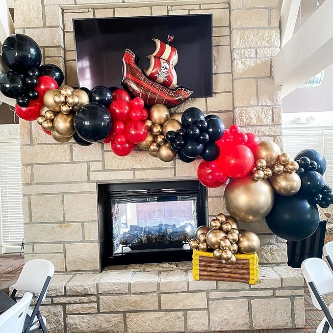 Pirate Birthday Party Decorations, 142Pcs Red Black Metallic Gold Balloon Garland Arch Kit with Pirate Ship Foil Mylar Balloon for Halloween Pirate Summer Sea Sailing Adventure Ocean Theme Party