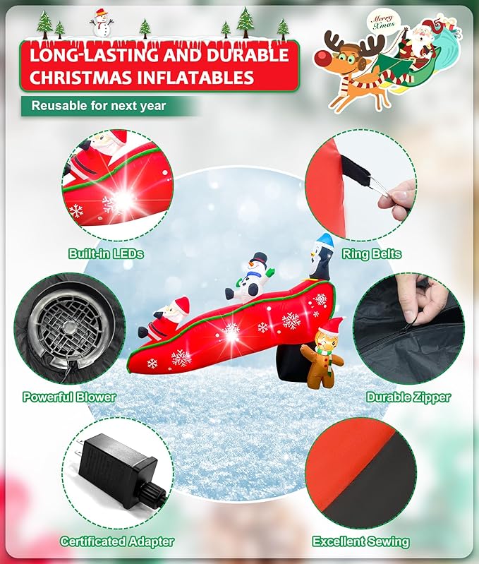 EAONE 7FT Christmas Inflatables Outdoor Decorations, Cute & Funny Inflatatable Christmas Santa Snowman Slide Blow Ups Yard Decoration with Lights for Garden Lawn Home Xmas Holiday Season Decor