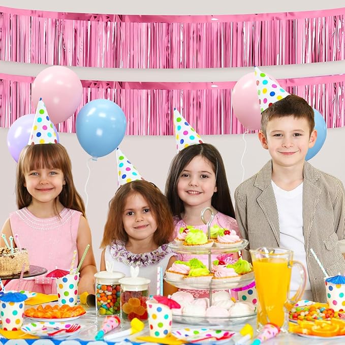4 Packs Foil Fringe Garland Tinsel Streamers Shiny Wall Hanging Birthday Banner Backdrop for Graduation Wedding Anniversary Celebration Happy Birthday Party Decorations Pink