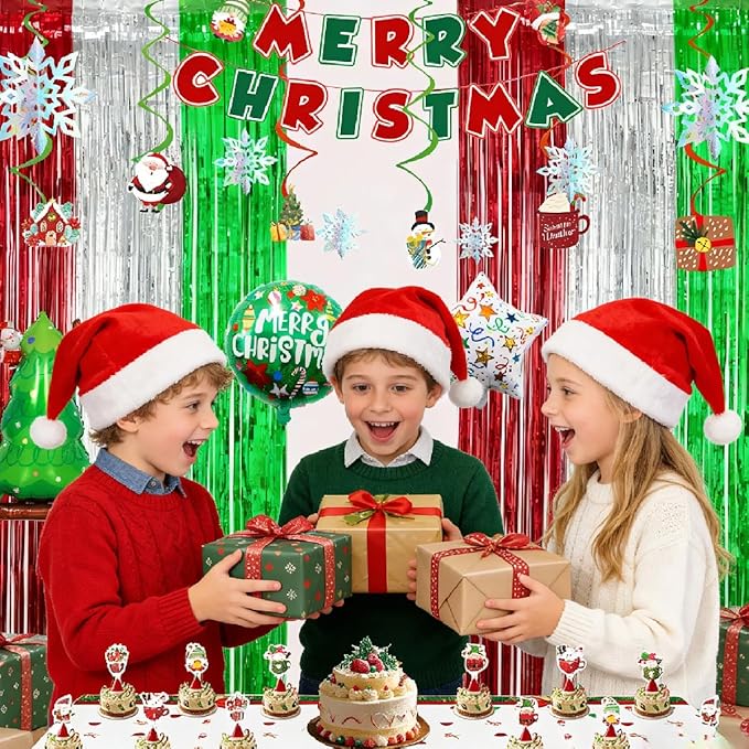 Christmas Party Decorations Set, Merry Christmas Banner, Multicolor Fringe Curtains, Xmas Tree Deer Tablecloth, Santa Cake Topper, Foil Balloons, Snowman Hanging Snowflakes Swirls