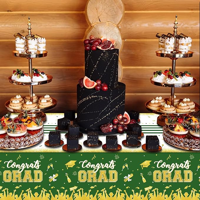 chiazllta Set of 3 Graduation Tablecloths Class of 2026 Congrats Grad Green Graduation Party Tablecover Decorations Party Supplies Large Size Plastic 54"x108"(Green & Gold)