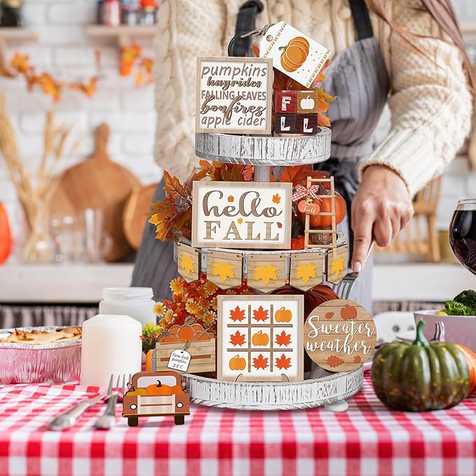 14 Pcs Thanksgiving Tiered Tray Decorations Set Thanksgiving Pumpkin Maple Tiered Tray Decorations Set Rustic Farmhouse Pumpkin Truck Spice Blocks Autumn Wooden Sign for Winter Christmas