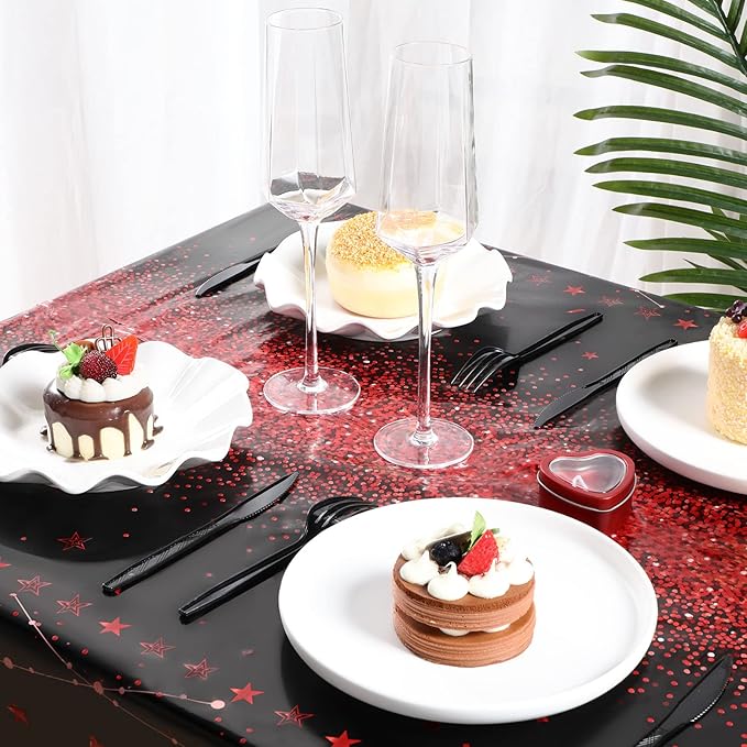 Tudomro 1 Pcs Happy Birthday Tablecloths Happy Birthday Party Decorations Plastic Table Cover Rectangular Cloths for Women Men Baby Shower Party Supplies, 108 x 54 Inch (Black Red)