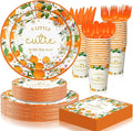 350 Pcs a Little Cutie Is on The Way Baby Shower Tableware Set, Baby Shower Plates Napkins Cups Dessert Forks Disposable Supplies for 50 Guests, Cute Orange Party Decoration
