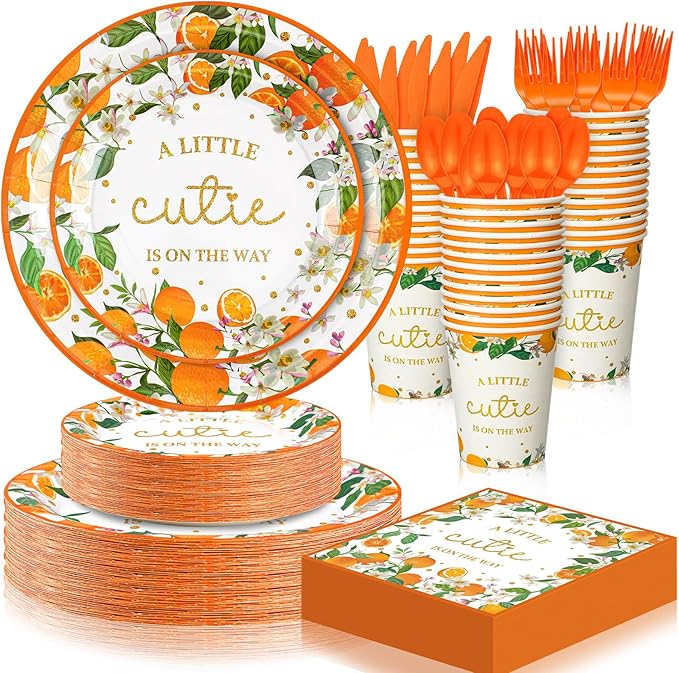 350 Pcs a Little Cutie Is on The Way Baby Shower Tableware Set, Baby Shower Plates Napkins Cups Dessert Forks Disposable Supplies for 50 Guests, Cute Orange Party Decoration