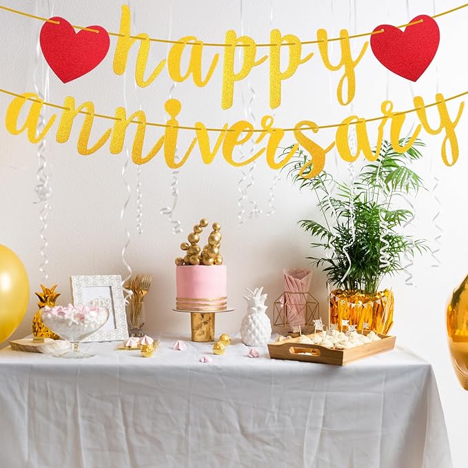 Happy Anniversary Banner, Glitter Wedding Anniversary Romantic Decorations No DIY Banners for Baby Shower Couples Birthday Party New Year(Gold)