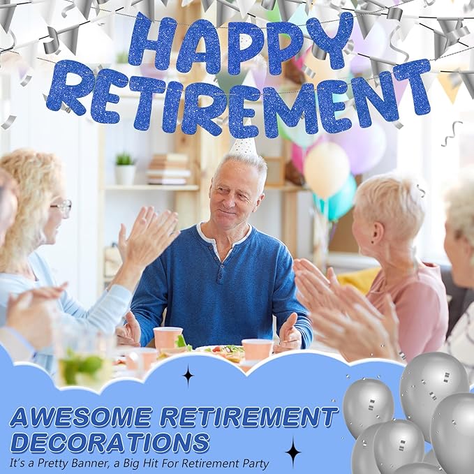 Fulmoon Pre Strung Happy Retirement Banner Glitter Retirement Sign Funny Official Retired Decor Party Decorations Supplies for Men Women Gifts (Navy Blue)
