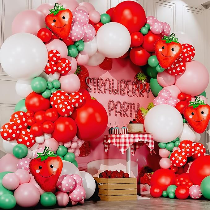 ALL-IN-1 Strawberry Balloon Arch Kit & Garland with BONUS Strawberry – Small and Large Red Pink Green Strawberry Balloons – Strawberry Shortcake Party Decorations Supplies for Birthday & Baby Shower